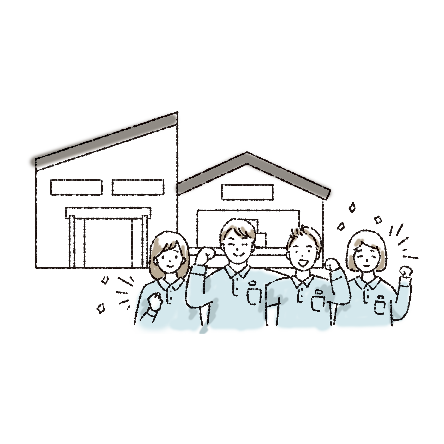 二つの工場と社員たちのイラスト