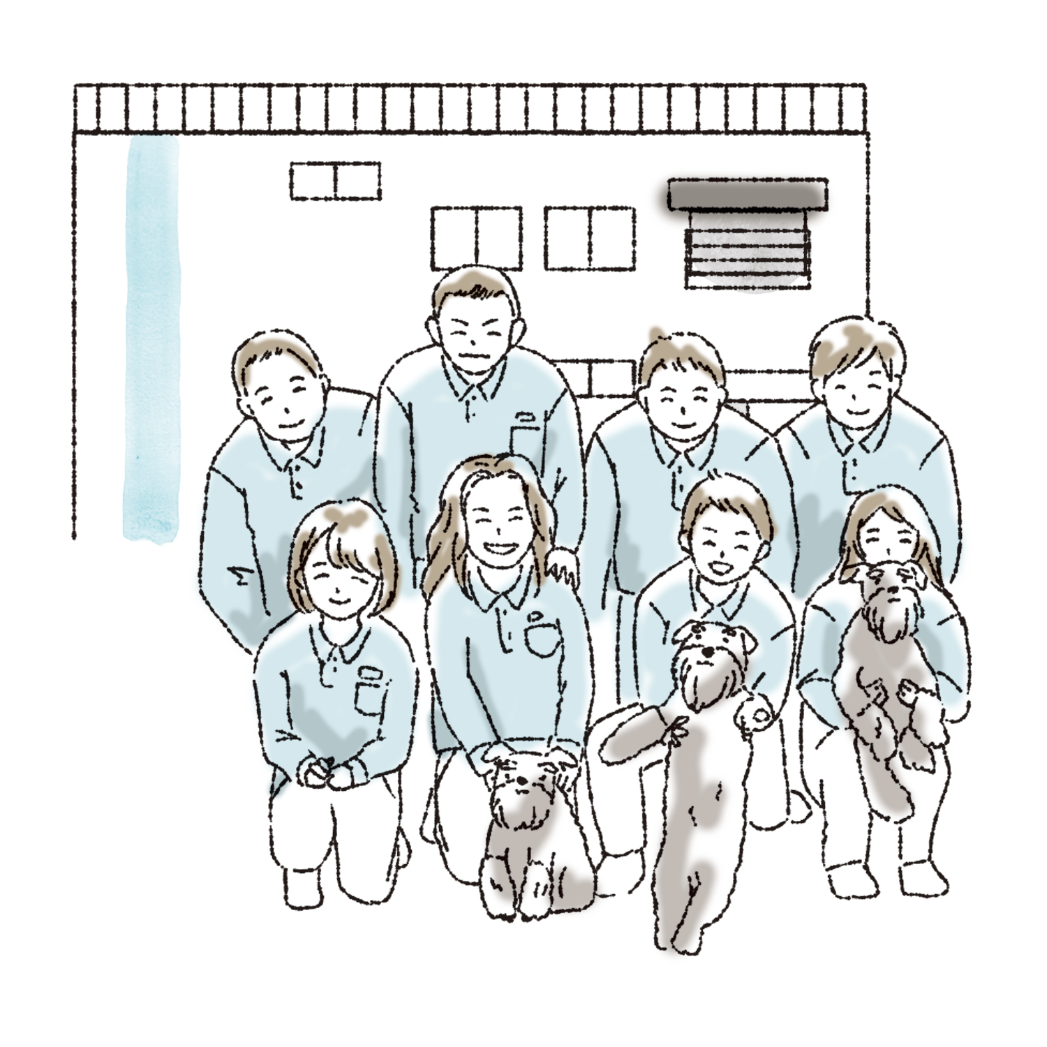第三工場の前に集まる社員たちのイラスト